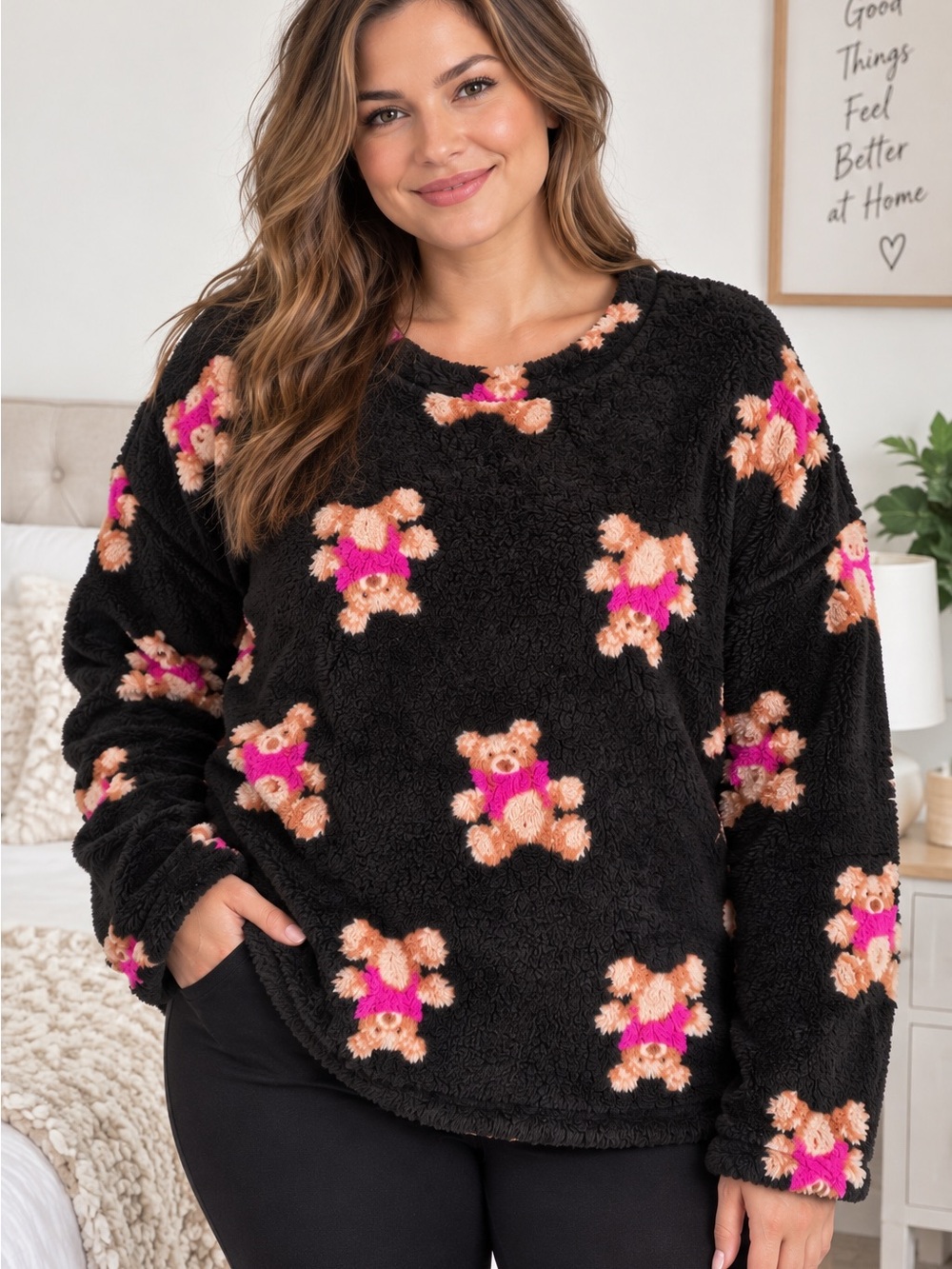 Joyspun Women’s Teddy Bear Plush Fleece Pajama Top Large Black Pink Cozy
